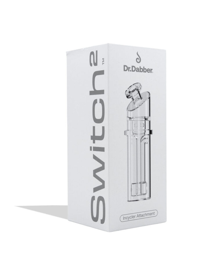 Dr Dabber Switch 2 glass attachment on white background in side view in unopened box packaging