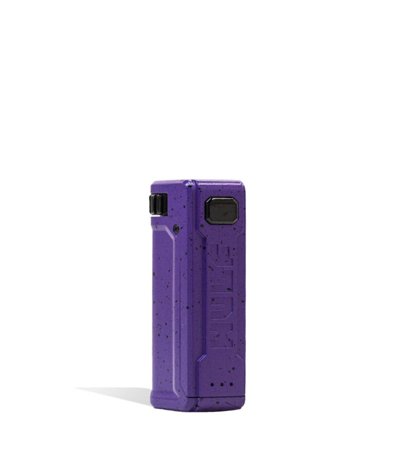 Purple Black Spatter Front View Wulf Mods UNI S Adjustable 510 Thread Battery on white background