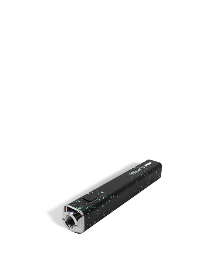 Black Green Spatter Wulf Mods Flat Plus 510 Thread Battery 12pk top view on white background
