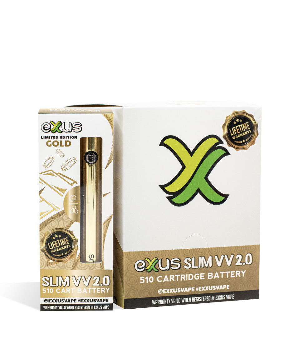 Gold Exxus Vape Slim VV 2.0 510 Thread Battery 12pk on white background