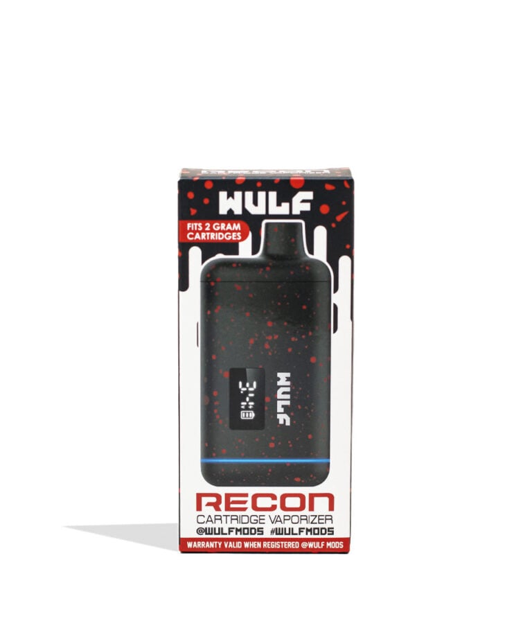 White Red Spatter Wulf Mods Recon 510 Thread Battery 9pk Packaging Front View on White Background