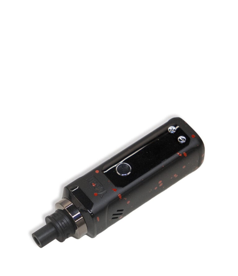 Black Red Spatter Wulf Mods Nestor Portable Concentrate Vaporizer Down View on White Background