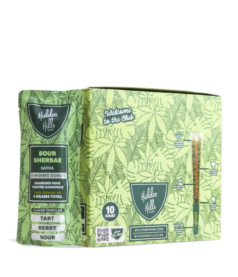 Sour Sherbae Hidden Hills Powdered Donutz THC-A Diamond Pave Coated Hashole 2g 2pk Pre Roll 10pk on white background
