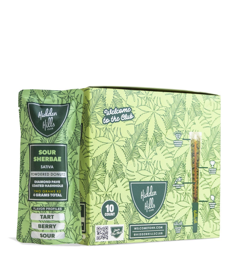 Sour Sherbae Hidden Hills Powdered Donutz THC-A Diamond Pave Coated Hashole 2g 2pk Pre Roll 10pk on white background