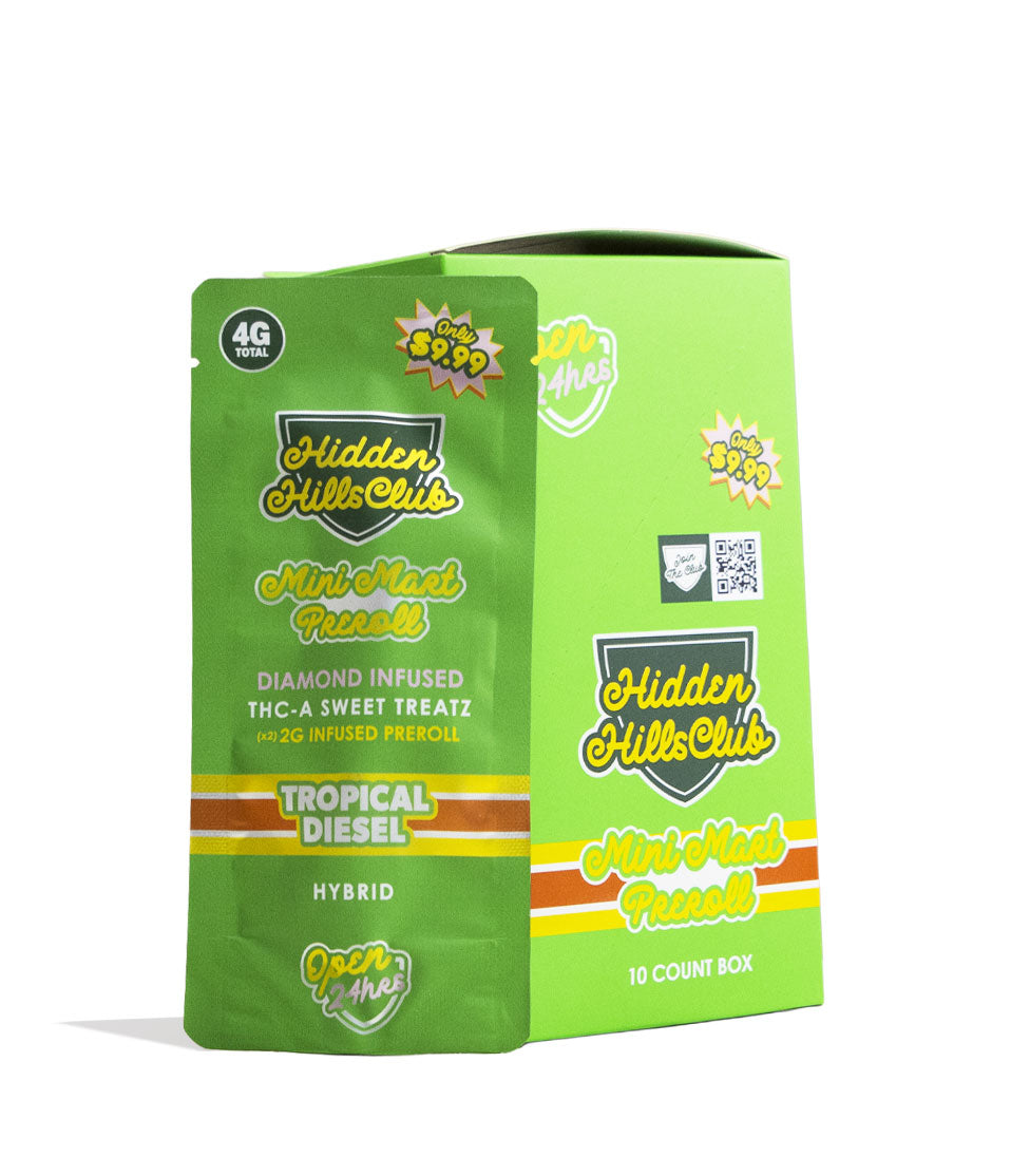 Tropical Diesel Hidden Hills Mini Mart 2g Preroll Diamond Infused THC-A 2pk, 5pk Front View on White Background