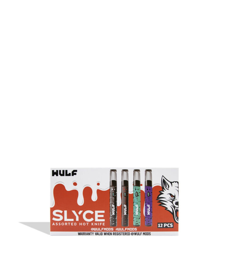 Wulf Slyce Assorted Hot Knife 12-pack in its retail box, featuring four knives in black, teal, red, and purple with a white wolf graphic on a white background. Display case unopened top view