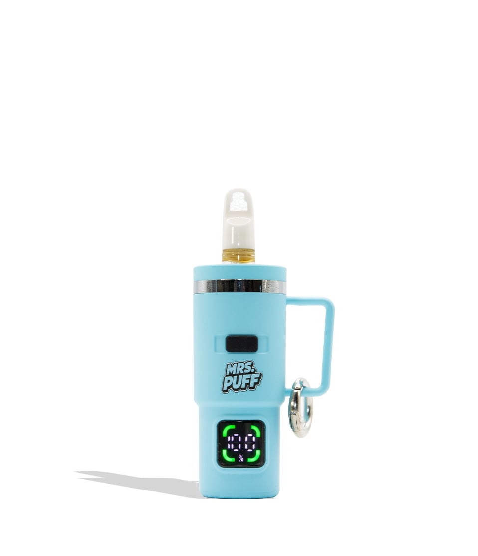 A light blue portable vape device with a side handle, a digital display showing '100%', and the 'MRS. PUFF' logo, set against a plain white background.