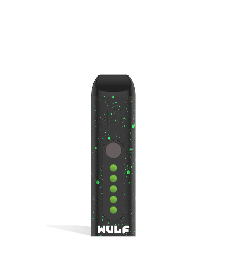 Black Green Spatter Wulf Mods Flora Portable Dry Herb Vaporizer front view on white background
