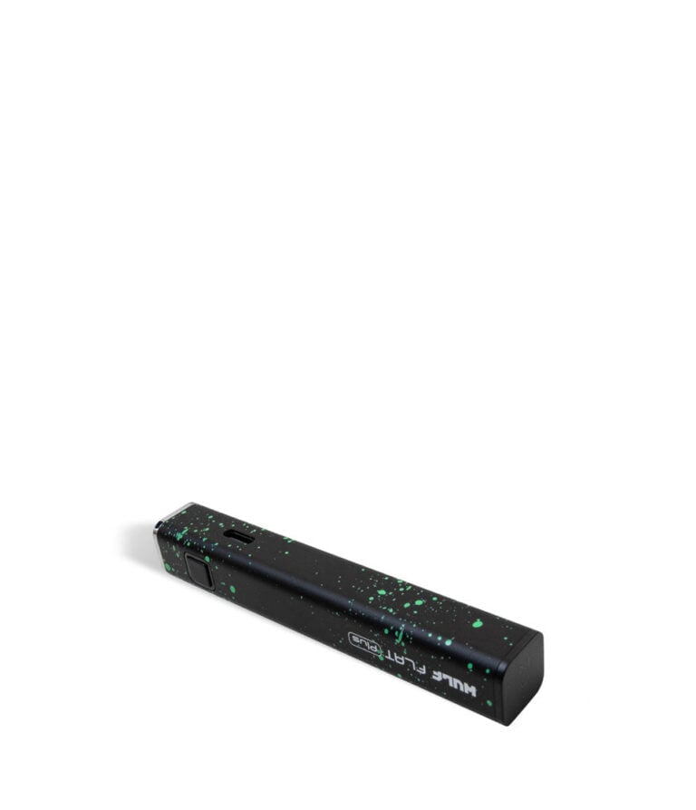 Black Green Spatter Wulf Mods Flat Plus 510 Thread Battery 12pk bottom view on white background
