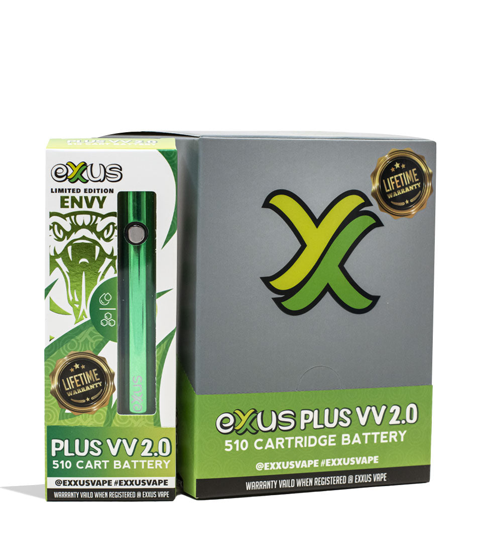 Envy Exxus Vape Plus VV 2.0 510 Thread Battery 12pk Packaging Front View on White Background