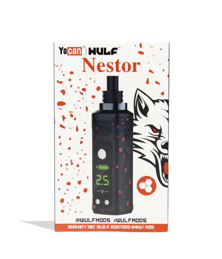 Black Red Spatter Wulf Mods Nestor Portable Concentrate Vaporizer Packaging Front View on White Background