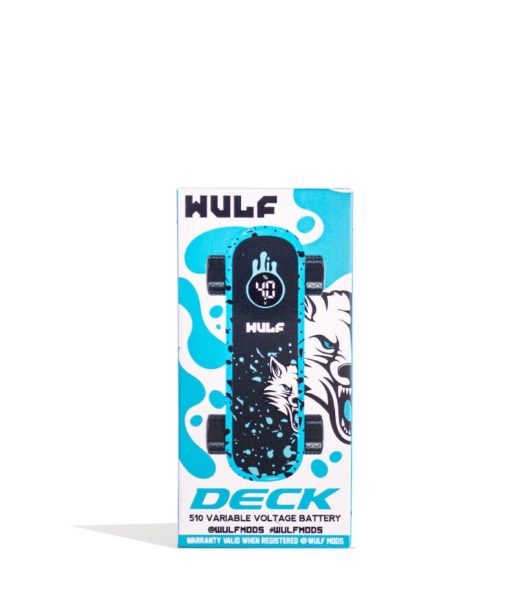Blue Black Spatter Wulf Mods Deck Skateboard Voltage Battery 9pk Packaging Front View on White Background