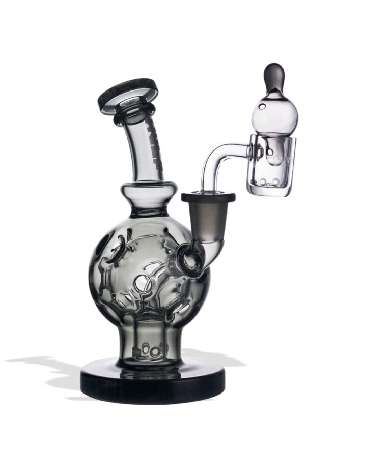 Smoke side view Wulf Mods Atom 14mm Dab Rig with Quartz Banger on white background