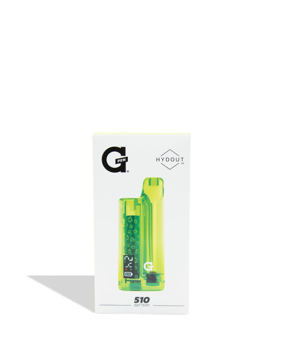 Green vape pen with packaging featuring the brand 'G' on a white background