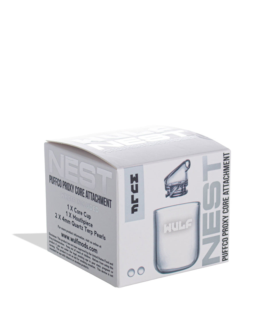 WULF Nest Puffco Proxy core attachment retail box in white, side view