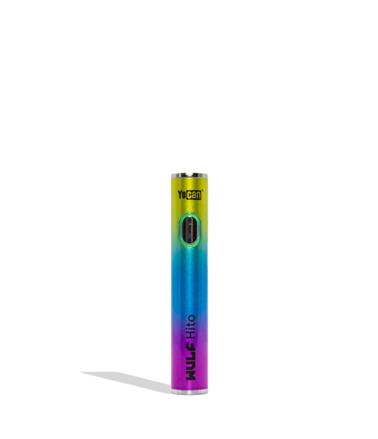 WULF Mods Hito 510 battery in full color color variant on a white background with a green ring light turned on surrounding the main power button.