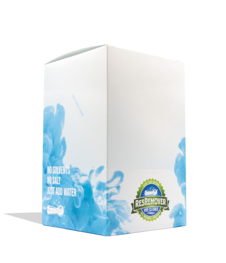 A white rectangular product box with blue water-splatter graphics and a green circular 'ResRemover Pipe Cleaner' logo on the front, photographed on a white background with a soft shadow.