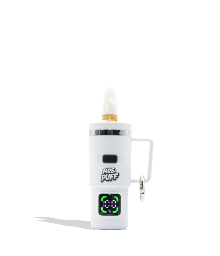 A white electric cigarette puff device with a side handle and keychain ring, featuring a digital LED display showing '88' in green, the 'MRS. PUFF' brand logo, and a gold mouthpiece, set against a plain white background.