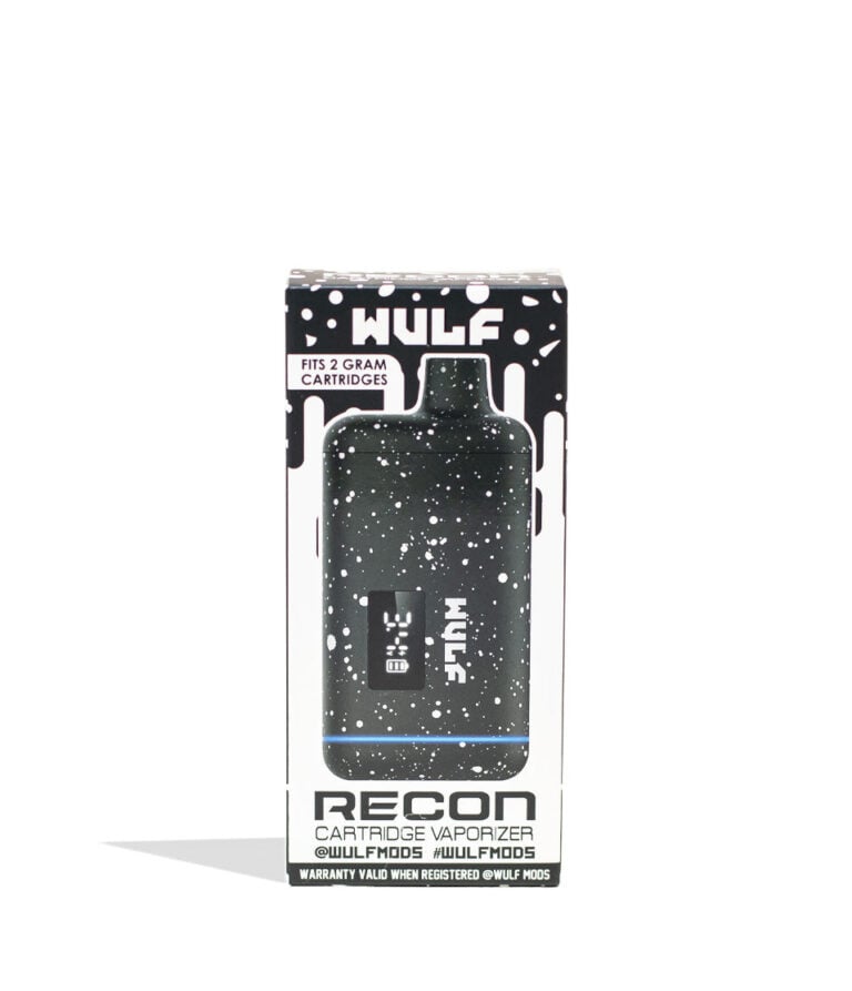 Black White Spatter Wulf Mods Recon 510 Thread Battery 9pk Packaging Front View on White Background