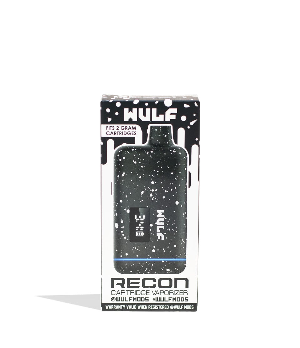 Black White Spatter Wulf Mods Recon 510 Thread Battery 9pk Packaging Front View on White Background