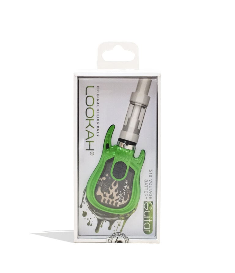 Green Lookah Guitar 510 Voltage Battery Packaging Front View on White Background