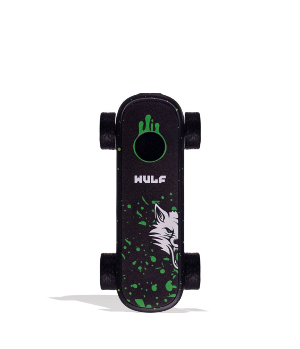Black Green Spatter Wulf Mods Deck Skateboard Voltage Battery 9pk Front View on White Background