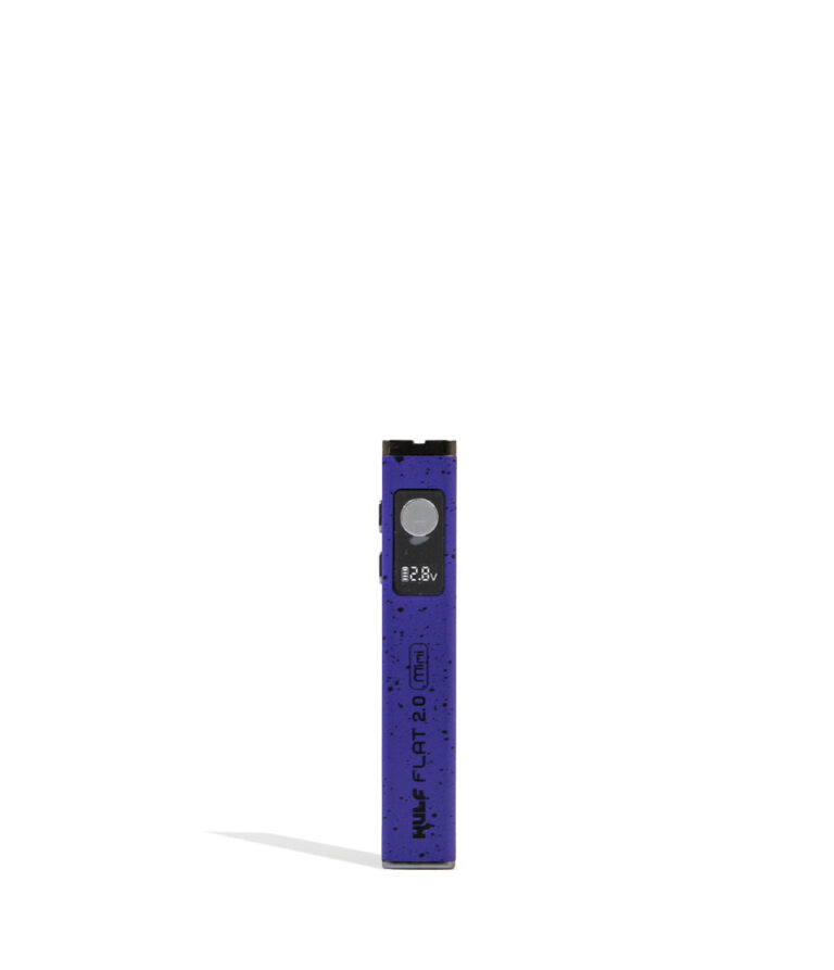 Purple Black Spatter Wulf Mods Flat Mini 2.0 Variable Voltage Battery 9pk Front View on White Background