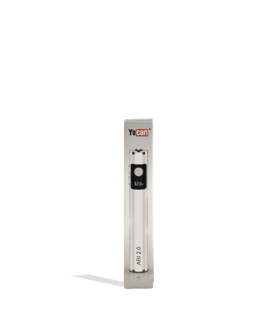 White Yocan Ari 2.0 Variable Voltage Battery 15pk Packaging Front View on White Background