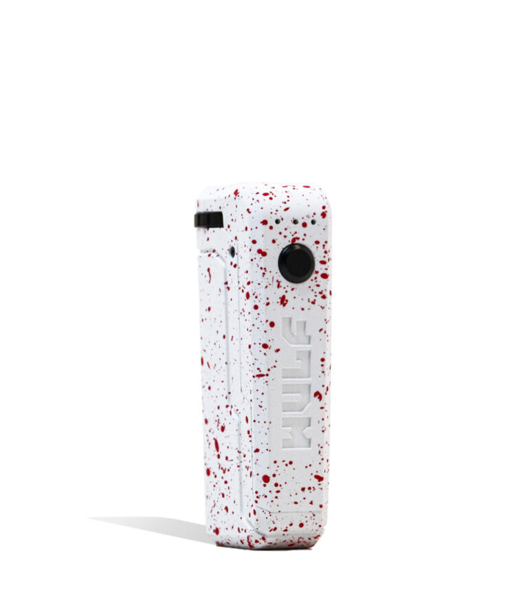 White Red Spatter Right side view Wulf Mods UNI Adjustable 510 Thread Battery on white studio background