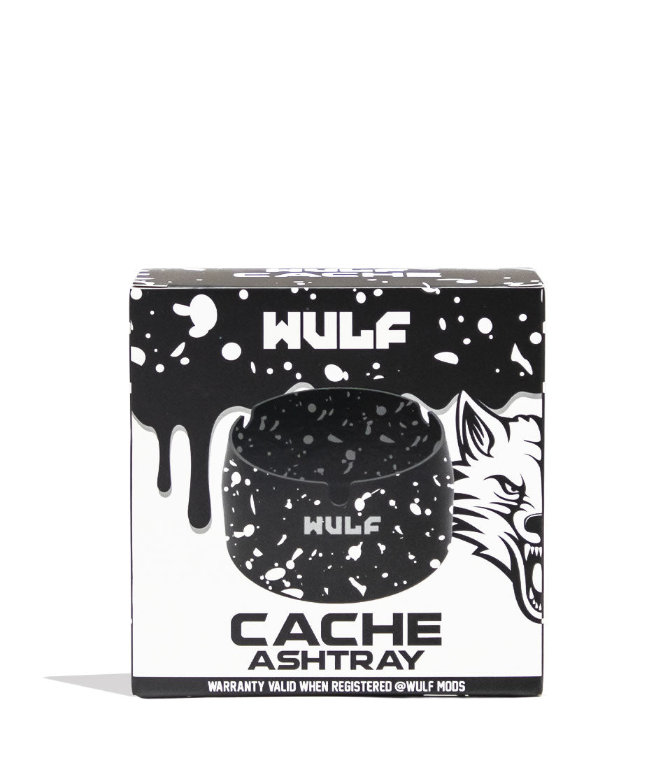 Black White Spatter Wulf Mods Cache Ashtray 6pk Packaging Front View on White Background