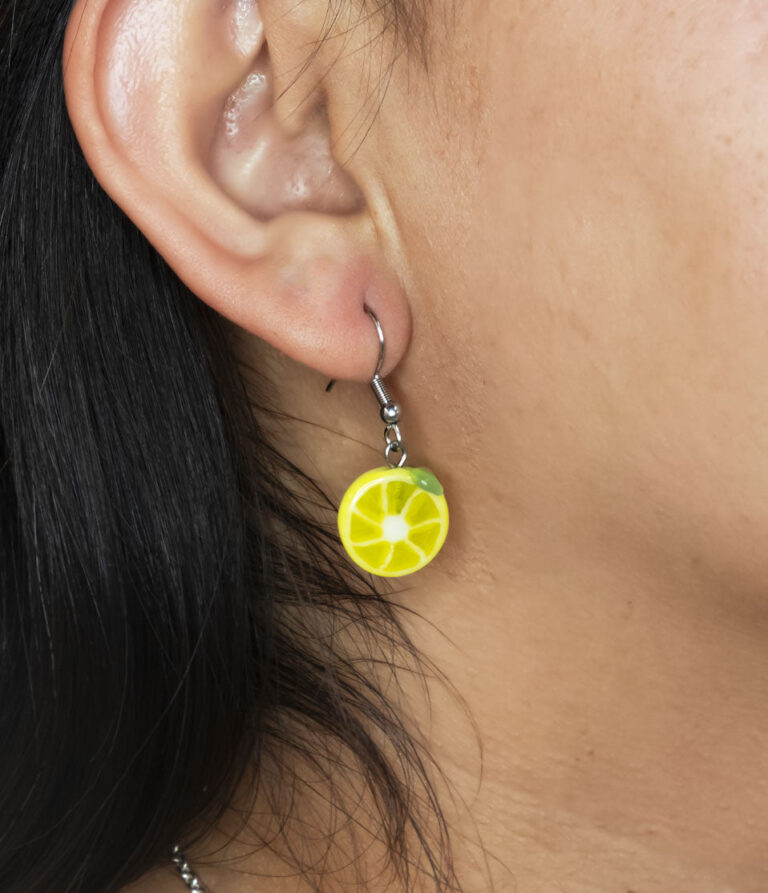 Mmmelty 72pc Earring Display Closeup Lemons Front View on White Background