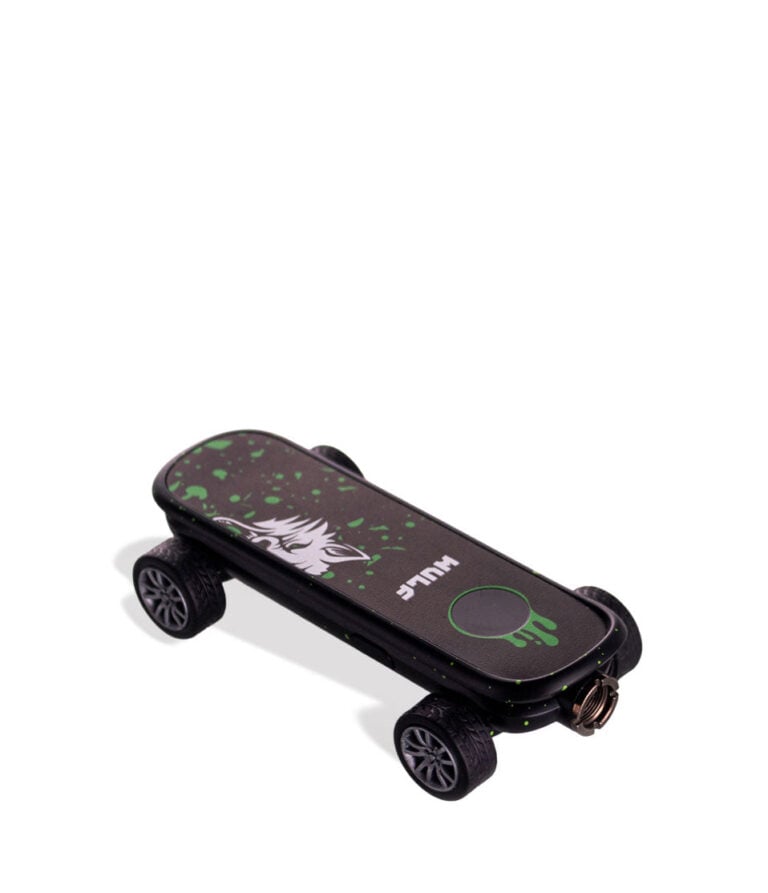 Black Green Spatter Wulf Mods Deck Skateboard Voltage Battery 9pk Down View on White Background