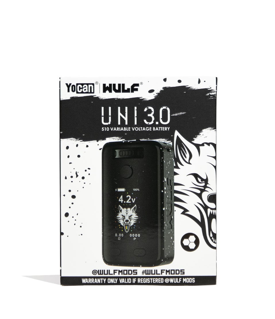 Black White Spatter Wulf Mods UNI 3.0 Universal Variable Voltage Battery Packaging Front View on White Background