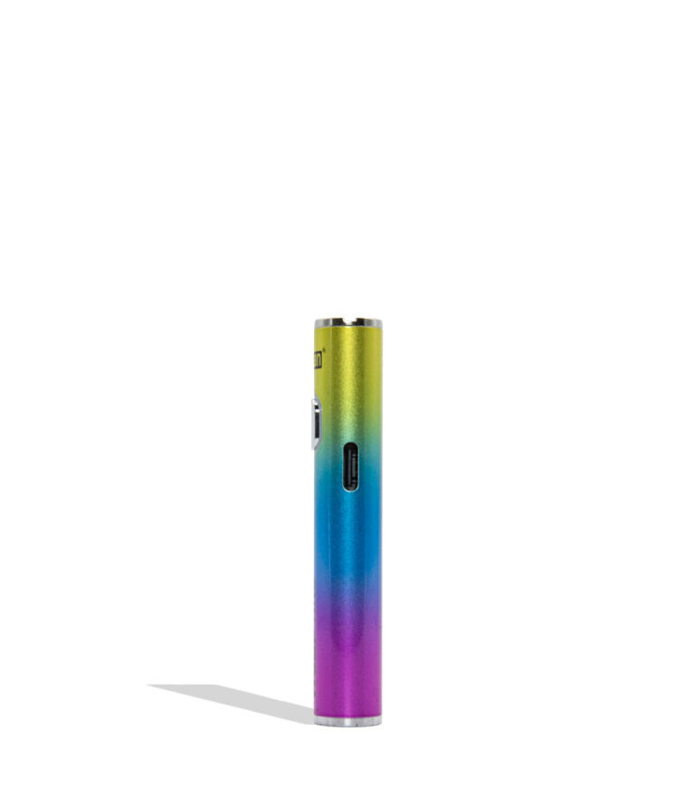 A slim cylindrical vape device 510 battery with a metallic rainbow gradient transitioning from yellow-green to blue and purple, standing upright on a white background with a soft shadow.