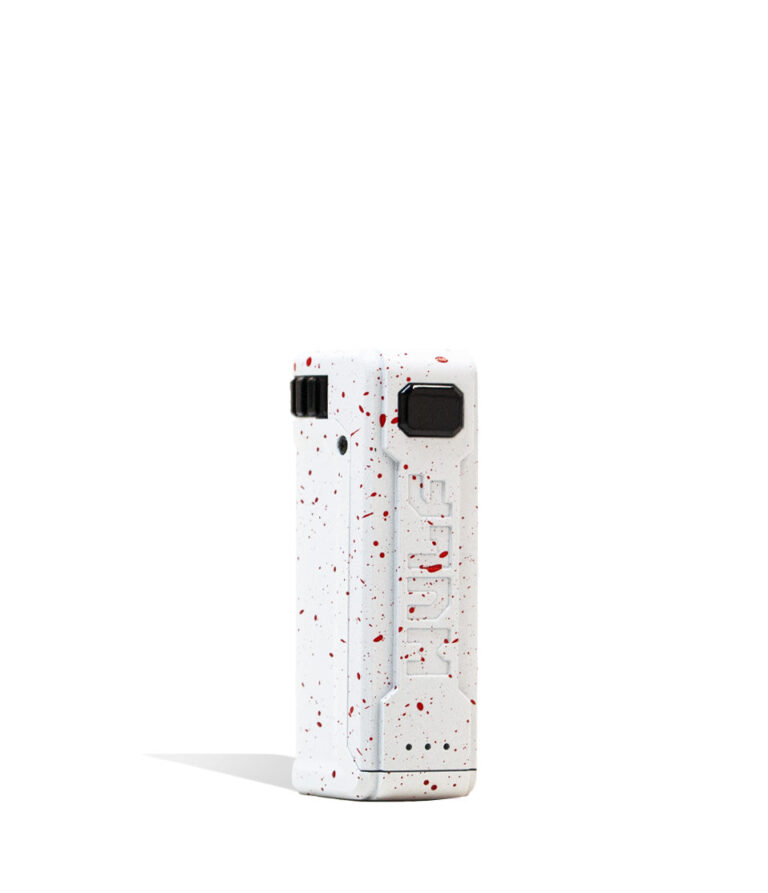 White Red Spatter Front View Wulf Mods UNI S Adjustable 510 Thread Battery on white background