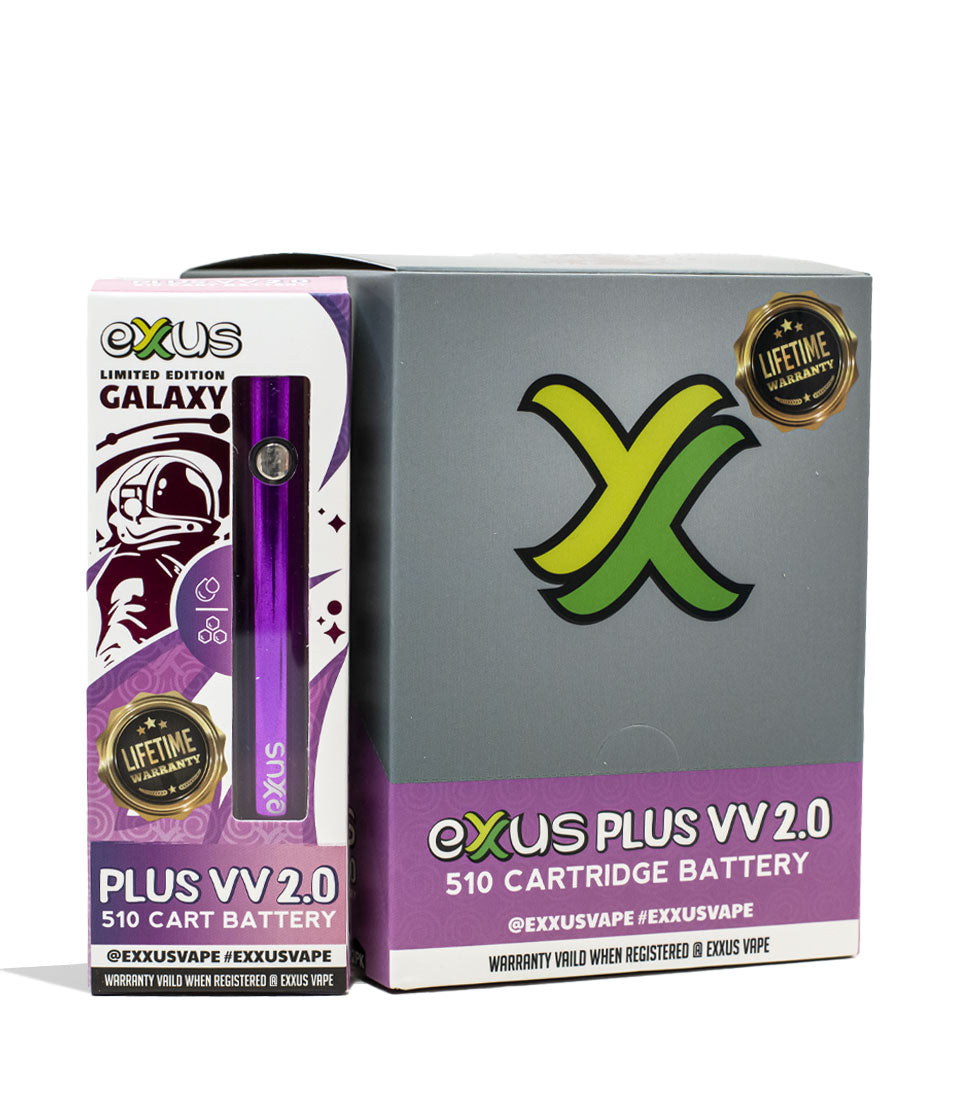 Galaxy Exxus Vape Plus VV 2.0 510 Thread Battery 12pk Packaging Front View on White Background