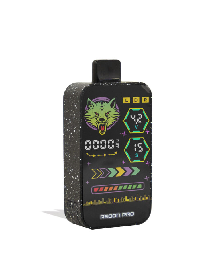 Black White Spatter Wulf Mods Recon Pro Dual 510 Voltage Battery 9pk Angle View on White Background