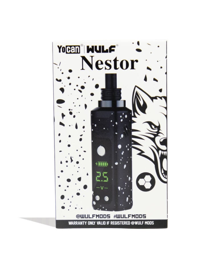 Black White Spatter Wulf Mods Nestor Portable Concentrate Vaporizer Packaging Front View on White Background