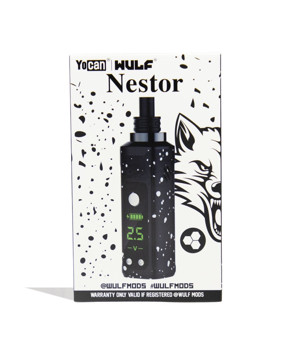 Black White Spatter Wulf Mods Nestor Portable Concentrate Vaporizer Packaging Front View on White Background