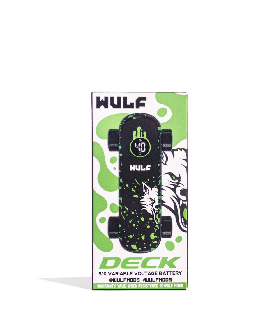 Black Green Spatter Wulf Mods Deck Skateboard Voltage Battery 9pk Packaging Front View on White Background