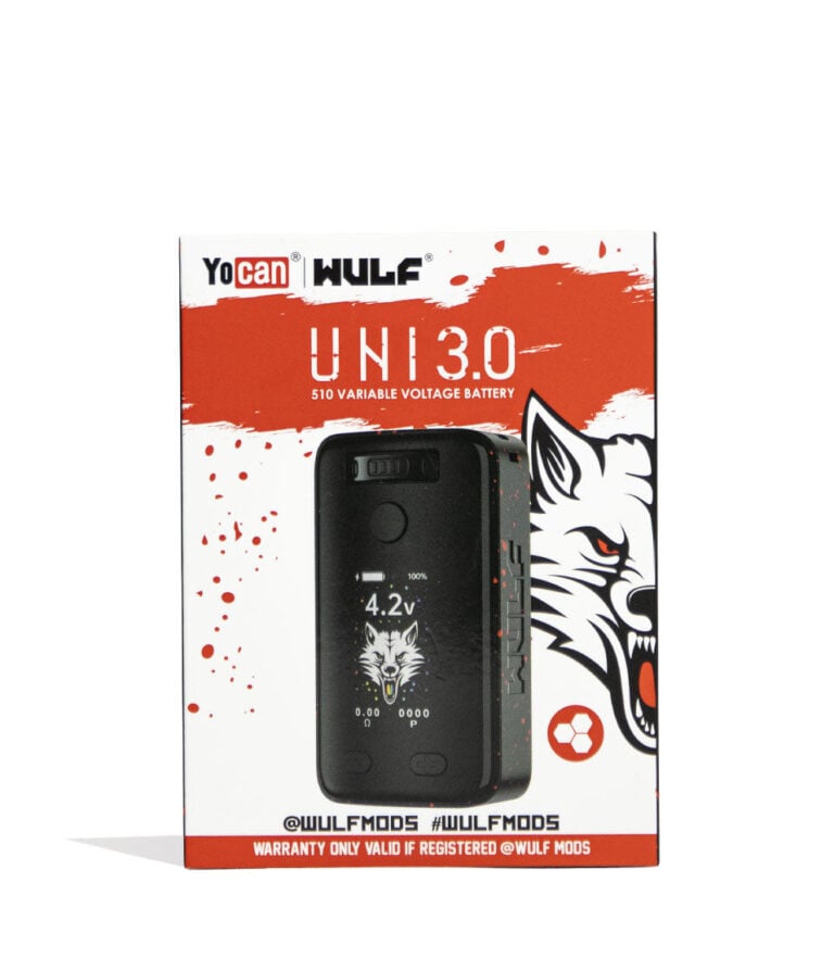 Black Red Spatter Wulf Mods UNI 3.0 Universal Variable Voltage Battery Packaging Front View on White Background