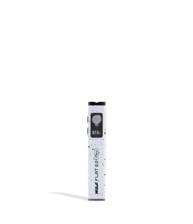 White Black Spatter Wulf Mods Flat Mini 2.0 Variable Voltage Battery 9pk Front View on White Background