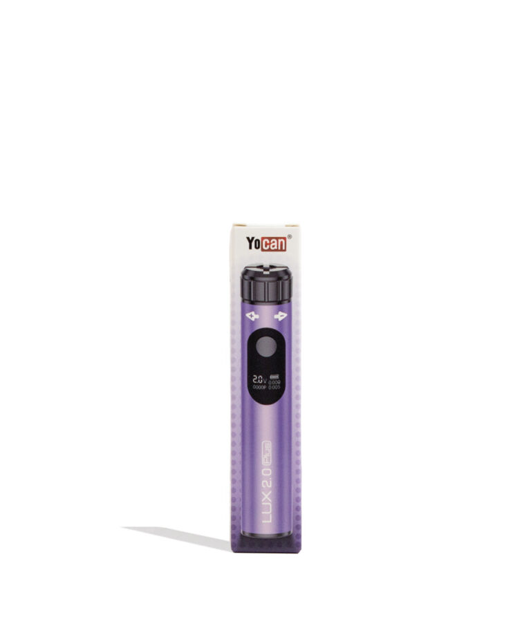 Purple Yocan Lux Plus 2.0 Variable Voltage Battery 15pk Packaging Front View on White Background