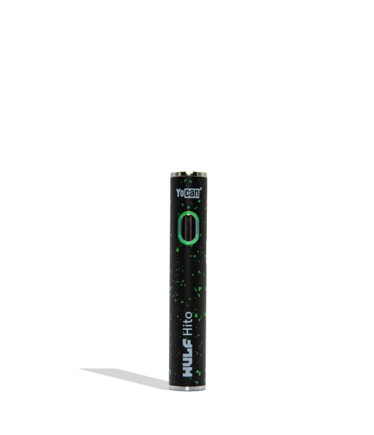 WULF Mods Hito 510 battery in black green spatter color variant on a white background with a green ring light turned on surrounding the main power button.