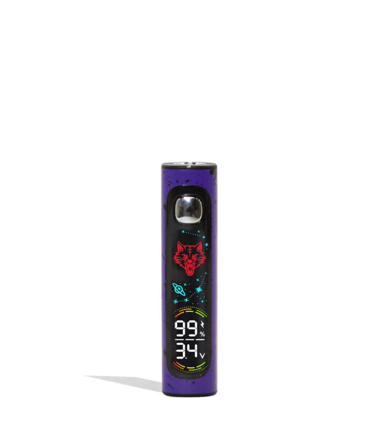 Purple Black Spatter Wulf Mods Pro Digit Variable Voltage Battery 15pk Front View on White Background