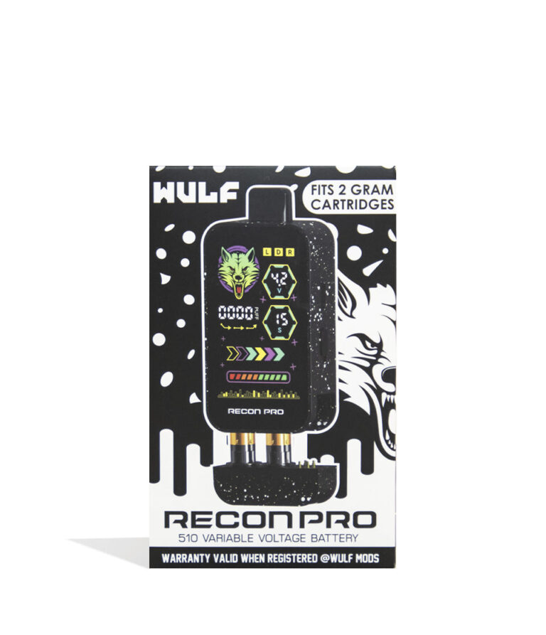 Black White Spatter Wulf Mods Recon Pro Dual 510 Voltage Battery 9pk Packaging Front View on White Background