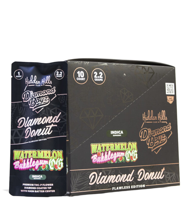Watermelon Bubble Gum Hidden Hills Diamond Boyz 2.2g THC-A Diamond Donut Pre Roll 10pk Front View on White Background