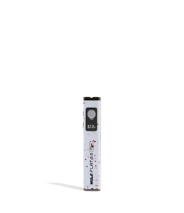 White Red Spatter Wulf Mods Flat Mini 2.0 Variable Voltage Battery 9pk Front View on White Background