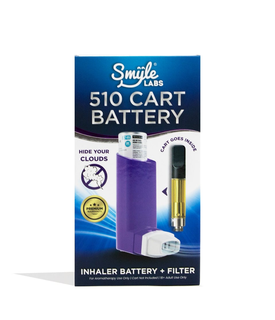 Purple Smyle Inhaler 510 Battery and Cloud Filters Packaging Front View on White Background