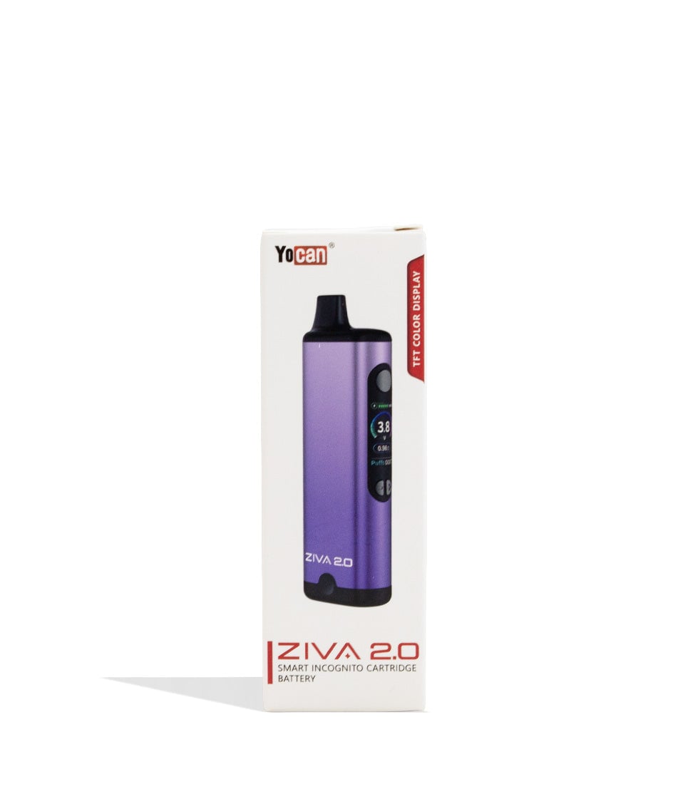 Purple Yocan Ziva 2.0 Variable Voltage Battery 10pk Packaging Front View on White Background